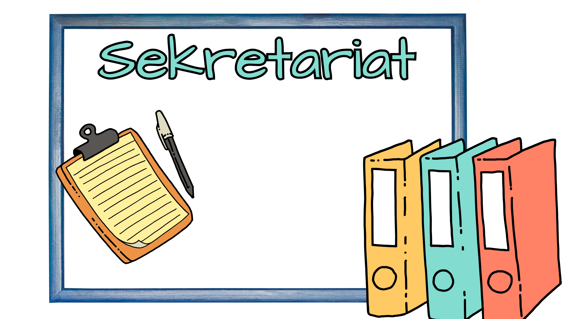 Jasnozielony tekst - Sekretariat- na białym tle. Pod nim po lewej stronie notes i długopis, a na dole po prawej stronie znajdują się trzy kolorowe segregatory.