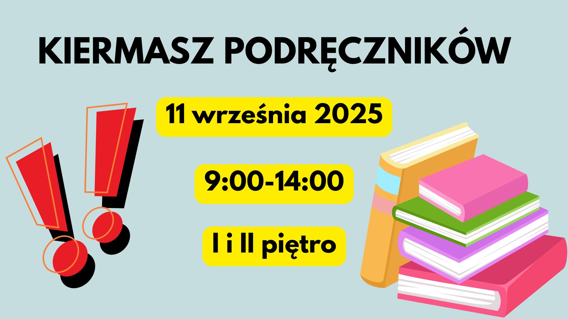 Plakat reklamujący kiermasz podręczników. Ciemnoniebieskie tło z kolorowymi ilustracjami książek i ołówków. Wyróżnione żółtymi i różowymi akcentami informacje: ‘Kiermasz Podręczników – 11 września 2025, godz. 9:00–14:00, I i II piętro’.