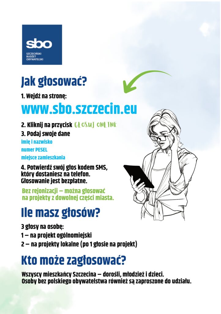 Instrukcja głosowania w Szczecińskim Budżecie Obywatelskim. Na grafice znajduje się logo SBO oraz kroki: wejście na stronę www.sbo.szczecin.eu, kliknięcie przycisku ‘Głosuj online’, podanie danych (imię i nazwisko, numer PESEL, miejsce zamieszkania), potwierdzenie głosu kodem SMS. Informacja, że głosowanie jest bezpłatne i bez rejonizacji. Tekst o liczbie głosów: 3 głosy na osobę (1 na projekt ogólnomiejski, 2 na projekty lokalne). Na dole informacja, że głosować mogą wszyscy mieszkańcy Szczecina – dorośli, młodzież i dzieci. Po prawej stronie ilustracja osoby trzymającej tablet.