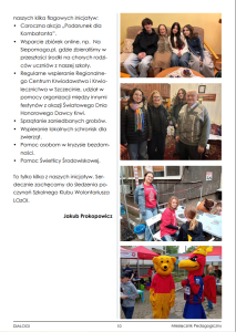 Strona magazynu prezentująca fragment artykułu o działaniach wolontariatu szkolnego. Po lewej stronie znajduje się lista inicjatyw, takich jak organizacja akcji charytatywnych, wsparcie lokalnych instytucji i sprzątanie miejsc pamięci. Poniżej widnieje podpis autora tekstu.