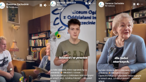 Trzy kadry z pionowego nagrania wideo przedstawiające młodą osobę i osobę starszą w pomieszczeniu z książkami oraz osobę stojącą na tle napisu szkoły, z informacją o inicjatywie międzypokoleniowej.